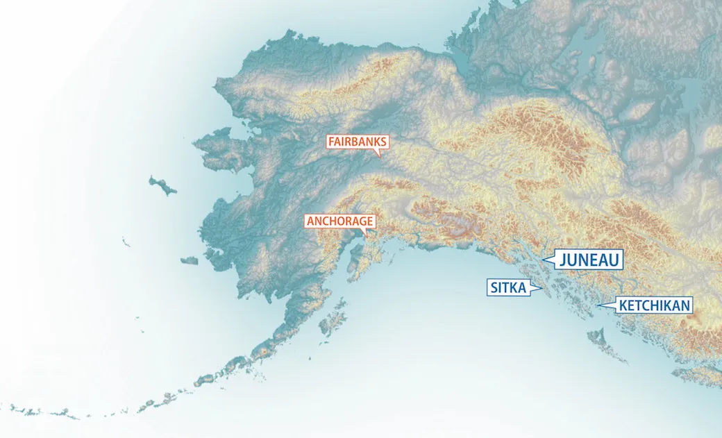 Map of Southeast Alaska highlighting Juneau, Sitka, and Ketchikan campuses